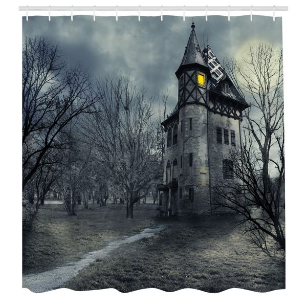 Abakuhaus Tenda Da Doccia Halloween, Design Halloween Con Casa Stregata Gotica, Cielo Scuro E Alberi Spogli, Tema Fantasma, Tessuto Set Decorativo Per Bagno Con Ganci, 175X240 Cm, Verde Acqua-image
