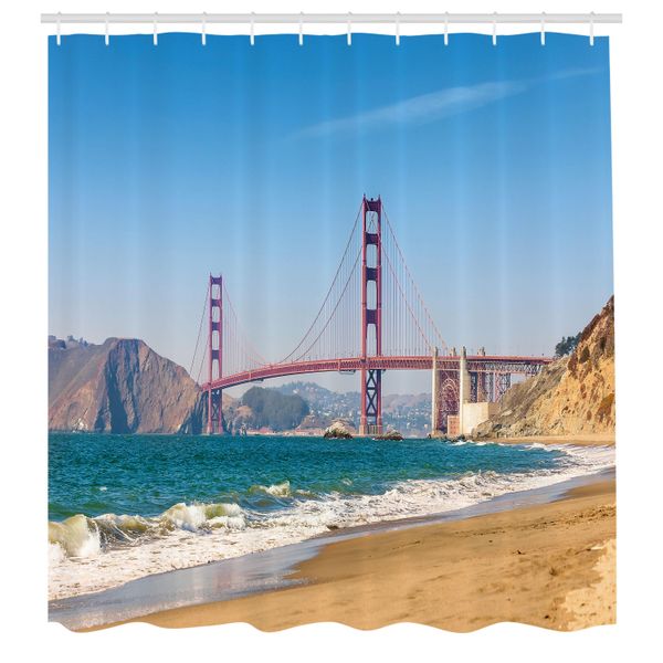 Abakuhaus Tenda Da Doccia Paesaggistica, Vista Panoramica Sul Golden Gate Bridge Di San Francisco, Costa, Natura, Vista Sul Mare, Tessuto, Set Decorativo Per Bagno Con Ganci, 175X200 Cm, Blu Turchese-image