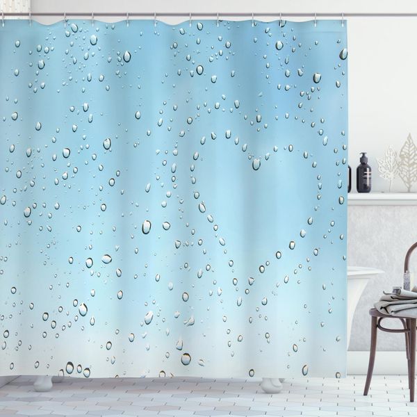 Abakuhaus Tenda Da Doccia Turchese, Cuore Di Gocce Di Pioggia, Stampa Personalizzata, Incl. 12 Ganci, Colori Resistenti, Decorativa Con Colori Chiari, 175 X 220 Cm, Blu-image