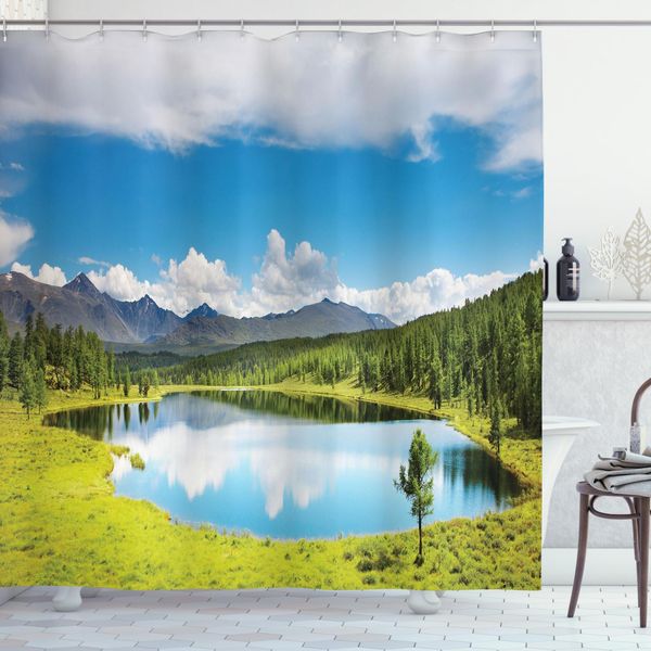 Abakuhaus Tenda Da Doccia Naturale, Paesaggio Montano, Acqua Opaca, Incl. 12 Anelli, Resistente A Batteri E Muffe, 175 X 240 Cm, Verde Bianco Blu-image