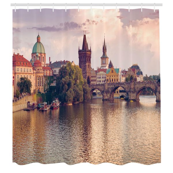 Abakuhaus Tenda Da Doccia Paesaggistica, Vista Pastorale Presso Le Guglie Del Ponte Carlo Di Praga, Europa Centrale, Edificio Gotico, Immagine, Tessuto, Set Decorativo Per Bagno Con Ganci, 175X240 Cm, Multicolore-image