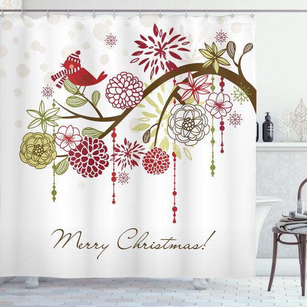 Abakuhaus Tenda Da Doccia Natalizia, Legno E Fiocchi Di Neve, Opaca All'acqua, Incl. 12 Anelli, Resistente A Batteri E Muffe, 175 X 200 Cm, Marrone E Bianco-image