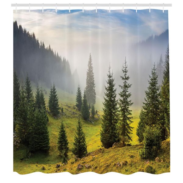 Abakuhaus Tenda Da Doccia Bosco, Abeti Su Prato Tra Pendii Con Foresta Di Conifere Nella Nebbia Prima Dell'alba, Tessuto Set Decorativo Per Bagno Con Ganci, 175X240 Cm, Bianco Verde-image