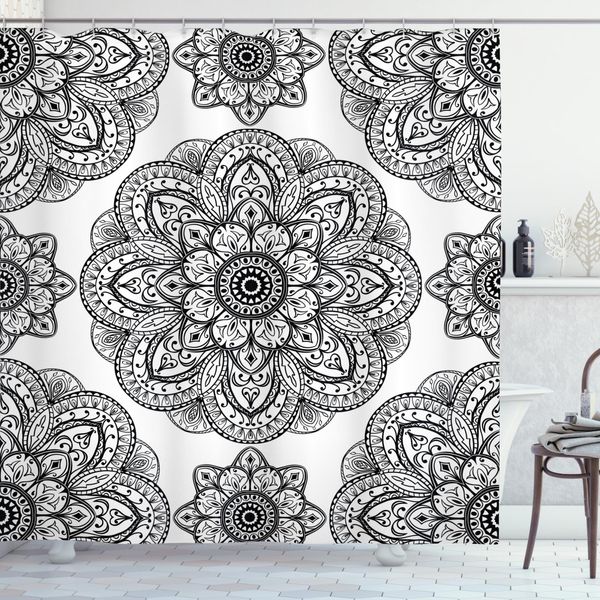 Abakuhaus Tenda Da Doccia Mandala, Elaborati Motivi Mandala, In Tessuto, Incl. 12 Ganci, Stampa Digitale, Colori Resistenti, Durevole, Resistente Ai Batteri, 175 X 220 Cm, Nero-image