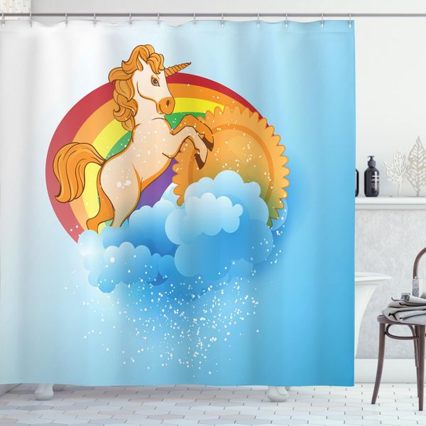 Abakuhaus Tenda Da Doccia Unicorno, Cartone Animato Bambini Arcobaleno, Impermeabile E Opaca, Incl. 12 Anelli, Resistente A Batteri E Muffe, 175 X 220 Cm, Multicolore-image