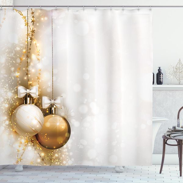 Abakuhaus Tenda Da Doccia Natalizia, Nastro Di Capodanno, Opaca All'acqua, Incl. 12 Anelli, Resistente A Batteri E Muffe, 175 X 240 Cm, Bianco E Beige-image