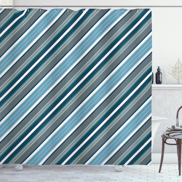 Abakuhaus Tenda Da Doccia A Righe, Grigio E Blu Diagonale, Impermeabile, Incl. 12 Anelli, Resistente A Batteri E Muffe, 175 X 240 Cm, Bianco Grigio Blu Navy-image