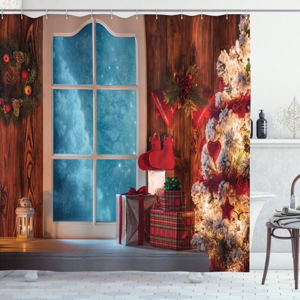 Abakuhaus Tenda Da Doccia Natalizia, Casa Innevata, Opaca, Incl. 12 Anelli, Resistente A Batteri E Muffe, 175 X 240 Cm, Blu Rosso-image