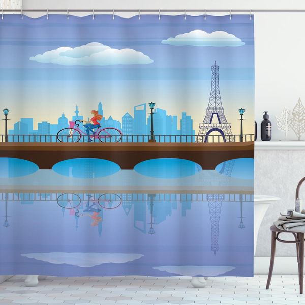 Abakuhaus Tenda Da Doccia Paesaggio, Torre Eiffel Cartoon, Con Set Di 12 Anelli Impermeabile Elegante Moderna Colori Resistenti E Antimuffa, 175 X 220 Cm, Blu Marrone-image