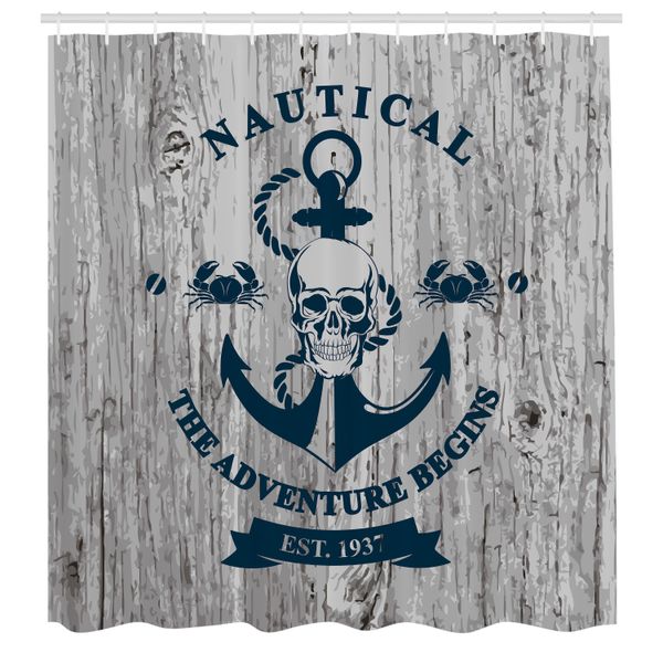 Abakuhaus Tenda Da Doccia Con Ancora, Arte Con Ancora, Teschio E Corda "L'avventura Nautica Ha Inizio"" Messaggio Storico, Tessuto Set Decorativo Per Bagno Con Ganci, 175X200 Cm, Beige E Blu Navy"-image