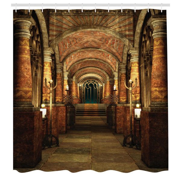 Abakuhaus Tenda Da Doccia Gotica, Passaggio Con Scale Segreto Gateway Colonna Mistica Tema Del Tempio Medievale, Set Decorativo Per Bagno In Tessuto Con Ganci, 175X240 Cm, Marrone E Rosso-image