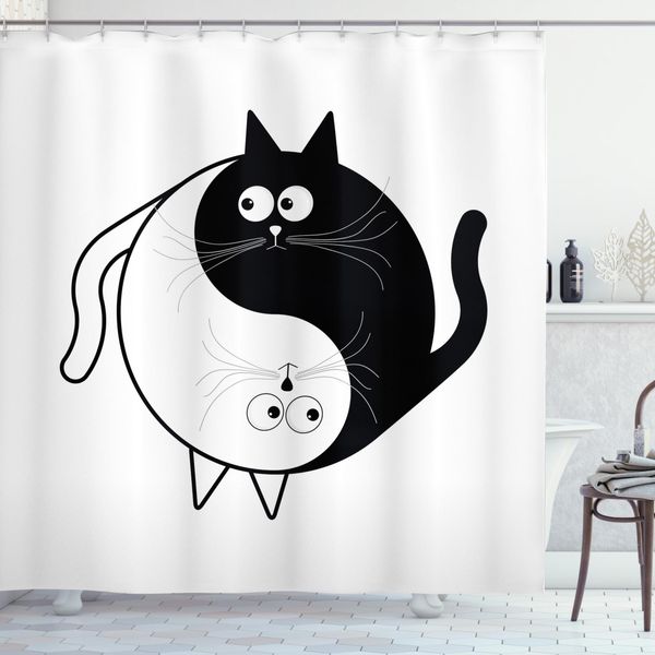 Abakuhaus Tenda Da Doccia Con Gatto, Ying Yang Bianco E Nero, Impermeabile, Incl. 12 Anelli, Resistente A Batteri E Muffe, 175 X 200 Cm, Bianco E Nero-image