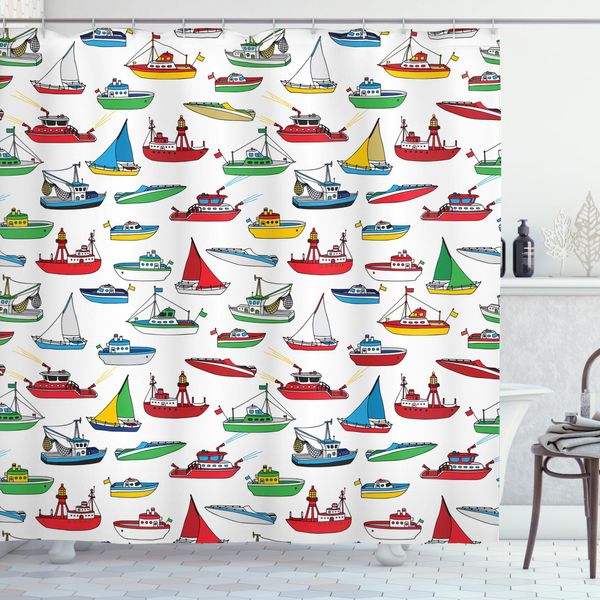 Abakuhaus Tenda Da Doccia Per Bambini, Barche Da Pesca Cartoon, Opaca, Incl. 12 Anelli, Resistente A Batteri E Muffa, 175 X 240 Cm, Multicolore-image