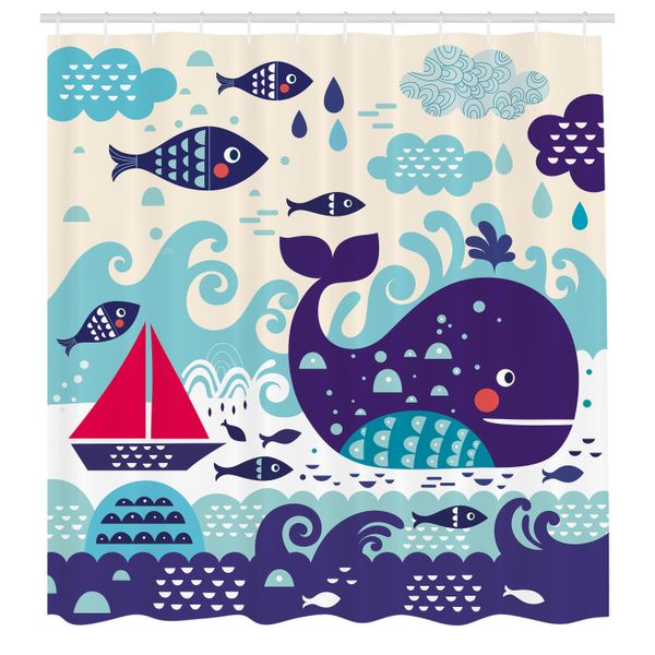 Abakuhaus Tenda Da Doccia Viola, Tema Marino Con Barca A Vela E Pesci Con Illustrazione Di Nuvole, Set Decorativo Per Bagno In Tessuto Con Ganci, 175X240 Cm, Viola-image