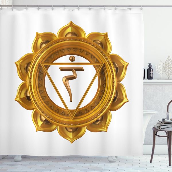 Abakuhaus Tenda Da Doccia Chakra, Simbolo Orientale Dei Chakra, Opaca, Incluse 12 Anelle, Resistente A Batteri E Muffe, 175 X 220 Cm, Giallo Terra-image