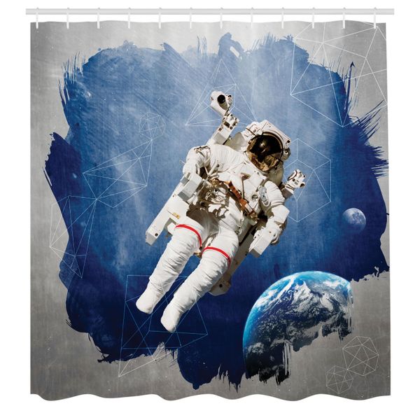 Abakuhaus Tenda Da Doccia Spaziale, Astronauta Sulla Metà Grunge Con Pennellate Geometriche Scifi Modern Art, Set Decorativo Per Bagno In Tessuto Con Ganci, 175X200 Cm, Beige Blu-image