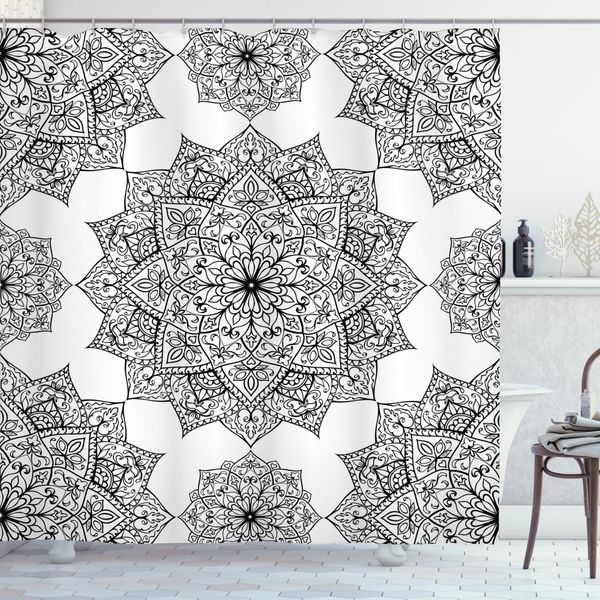 Abakuhaus Tenda Da Doccia Etica, Mandala Arte In Bianco E Nero, Impermeabile, Incl. 12 Anelli, Resistente A Batteri E Muffe, 175 X 200 Cm, Bianco Nero-image