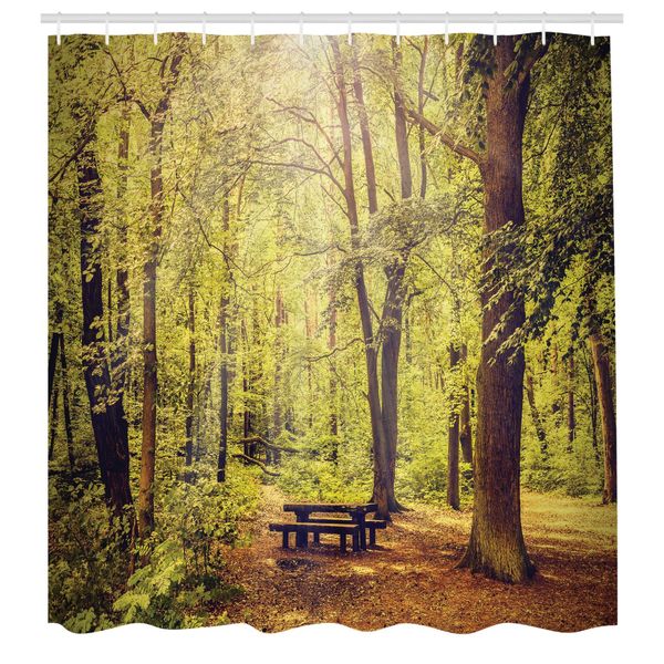 Abakuhaus Tenda Da Doccia Bosco, Tavolo Da Picnic Nel Bosco, Tema Fogliame Verde Natura, Tema Estate E Inverno, Set Decorativo Per Bagno In Tessuto Con Ganci, 175X220 Cm, Verde Marrone-image