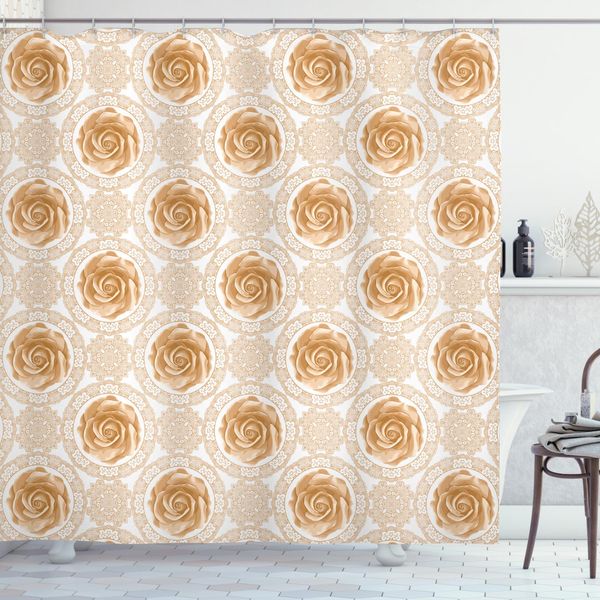 Abakuhaus Tenda Da Doccia Vintage, Rose Barocche Reali, Opaca, Incl. 12 Anelli, Resistente A Batteri E Muffe, 175 X 200 Cm, Marrone Chiaro E Bianco-image