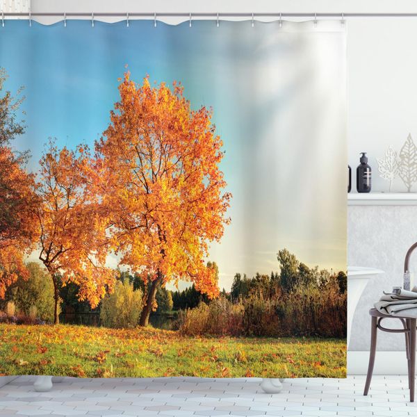 Abakuhaus Tenda Da Doccia Naturale, Acero In Autunno, Opaca, Incl. 12 Anelli, Resistente A Batteri E Muffe, 175 X 240 Cm, Arancione Blu-image