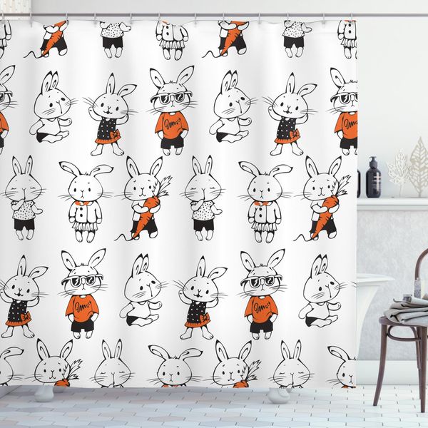 Abakuhaus Tenda Da Doccia Divertente, Coniglietto Retrò, Opaca, Incl. 12 Anelli, Resistente A Batteri E Muffa, 175 X 200 Cm, Arancione E Bianco-image