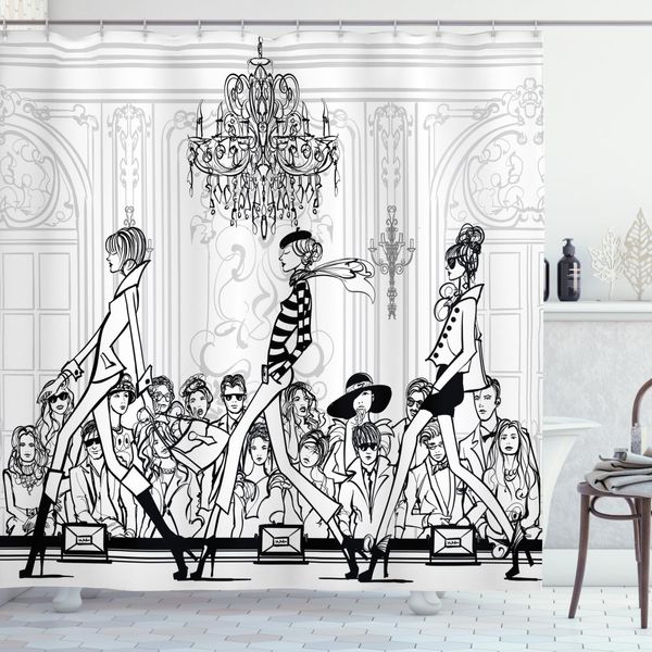 Abakuhaus Tenda Da Doccia Alla Moda, Cartoon Fashion Donna, Impermeabile, Incl. 12 Anelli, Resistente A Batteri E Muffa, 175 X 200 Cm, Bianco Rosa-image