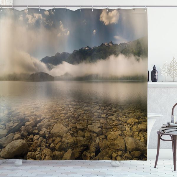 Abakuhaus Tenda Da Doccia Naturale, Riflessi Sul Lago, Acqua Opaca, Incl. 12 Anelli, Resistente A Batteri E Muffe, 175 X 220 Cm, Grigio E Bianco-image