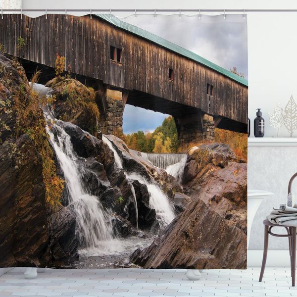 Abakuhaus Tenda Da Doccia A Cascata, Ponte In Rovere Rustico, Opaca, Incl. 12 Anelli, Resistente A Batteri E Muffe, 175 X 200 Cm, Marrone-image