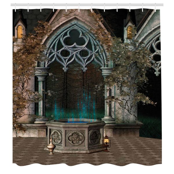 Abakuhaus Tenda Da Doccia Gotica, Terrazza Mistica Con Edera Incantata Su Sfondo Antico Verso La Foresta Magica, Set Decorativo Per Bagno In Tessuto Con Ganci, 175X200 Cm, Grigio Verde Acqua-image