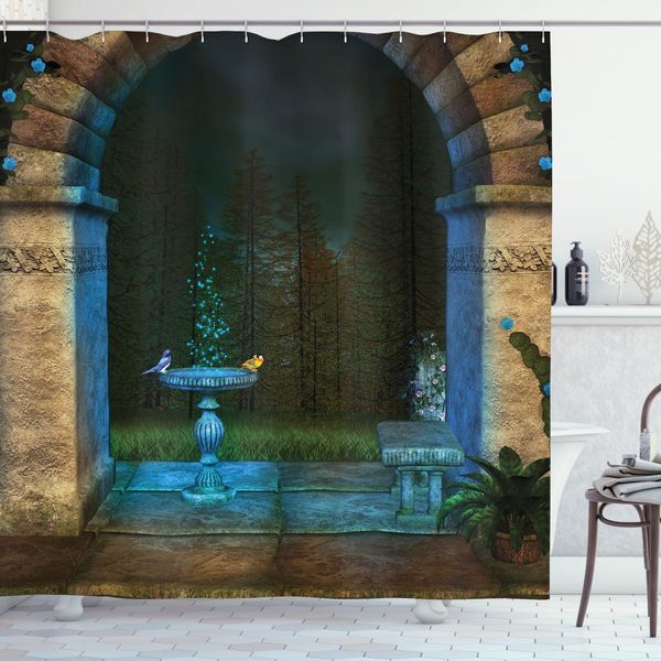 Abakuhaus Tenda Da Doccia Gotica, Bosco Incantato Scuro, Acqua Opaca Incl. 12 Anelli Lunga Durata Resistente A Batteri E Muffe, 175 X 240 Cm, Blu Grigio Verde Grigio-image