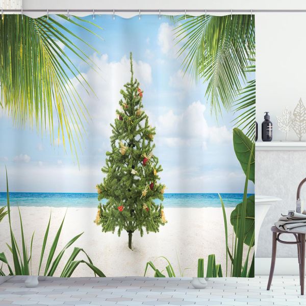 Abakuhaus Tenda Da Doccia Natalizia, Albero Delle Feste, Con Set Di 12 Anelli Impermeabile Elegante Moderna Colori Resistenti E Antimuffa, 175 X 180 Cm, Verde-Blu Crema-image