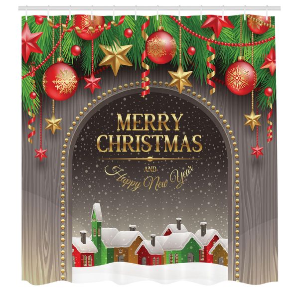 Abakuhaus Tenda Da Doccia Natalizia, Design Classico Rustico, Decorazioni Stagionali Con Lettere Gialle, Set Decorativo Per Bagno In Tessuto Con Ganci, 175X220 Cm, Multicolore-image