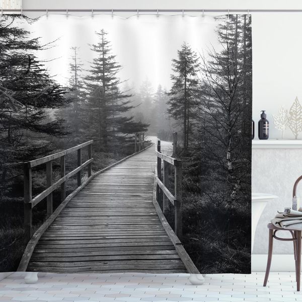 Abakuhaus Tenda Da Doccia Paesaggio, Pathway In Wildness, Set Incl. 12 Ganci In Tessuto Impermeabile, Antibatterico E Antimuffa, 175 X 220 Cm, Bianco E Nero-image