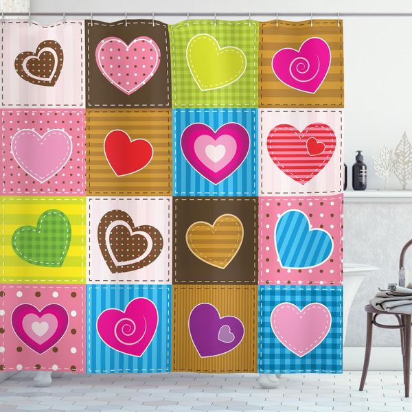 Abakuhaus Tenda Da Doccia Land, Patchwork Con Cuori, Stampa Personalizzata, 12 Ganci Inclusi, Colori Resistenti, Decorativa Con Colori Chiari, 175 X 220 Cm, Multicolore-image