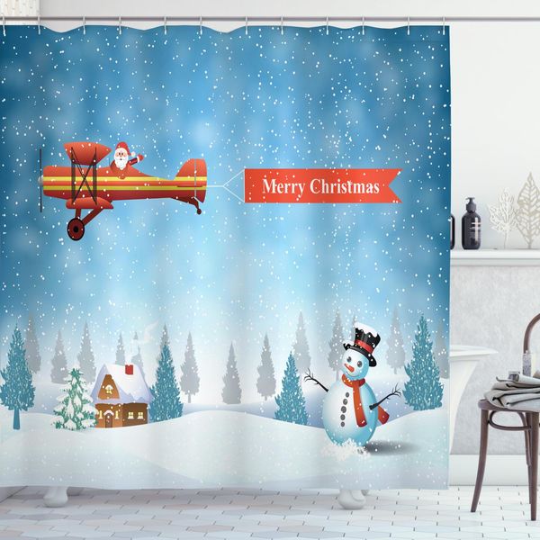 Abakuhaus Tenda Da Doccia Natalizia, Babbo Natale Aereo Pupazzo Di Neve, Impermeabile, Incl. 12 Anelli, Resistente A Batteri E Muffe, 175 X 240 Cm, Arancione Blu-image