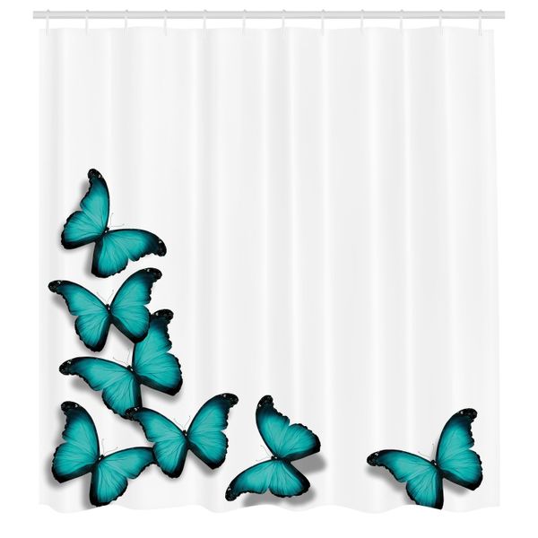 Abakuhaus Tenda Da Doccia Turchese, Motivo Farfalle In Volo, Giornata Di Primavera Soleggiata, Clima Mite, Divertimento All'aria Aperta, Tessuto, Set Decorativo Per Bagno Con Ganci, 175X220 Cm, Nero Turchese-image