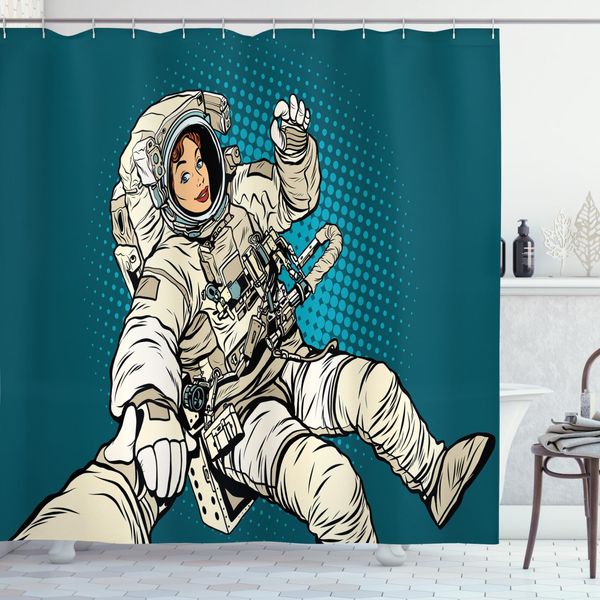 Abakuhaus Tenda Da Doccia Nebel, Astronauta Amore Nello Spazio, Acqua Opaca Incl. 12 Anelli Resistente A Batteri E Muffe, 175 X 240 Cm, Beige Blu-image