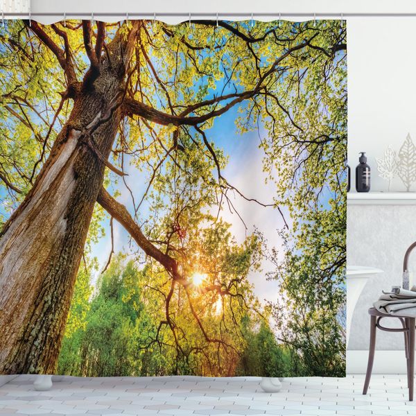 Abakuhaus Tenda Da Doccia Paesaggio, Cielo Estivo Vibrante, Opaca, Incl. 12 Anelli, Resistente A Batteri E Muffe, 175 X 240 Cm, Verde Marrone-image