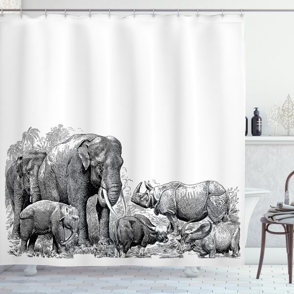 Abakuhaus Tenda Da Doccia Bianca E Nera, Elefanti, Opaca, Incl. 12 Anelli, Resistente A Batteri E Muffa, 175 X 200 Cm, Bianco E Nero-image