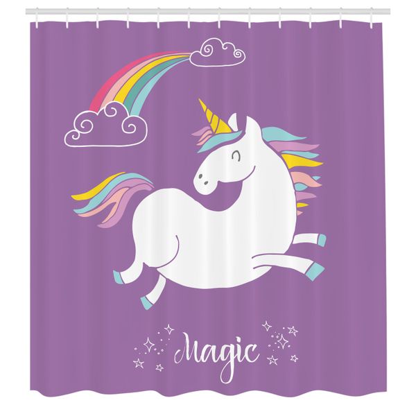Abakuhaus Tenda Da Doccia Unicorno, Animale Mitico Con Nuvole E Arcobaleno Fairy Cute Unicorn Image Print, Tessuto Set Decorativo Per Bagno Con Ganci, 175X240 Cm, Lavanda Bianco-image