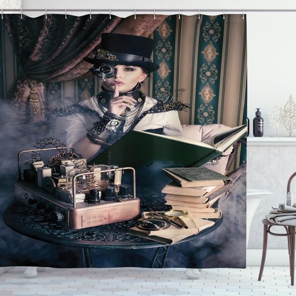 Abakuhaus Tenda Da Doccia Gotica, Steampunk Vendemmia Femminile, Impermeabile, Incl. 12 Anelli, Resistente A Batteri E Muffe, 175 X 240 Cm, Verde Acqua-image