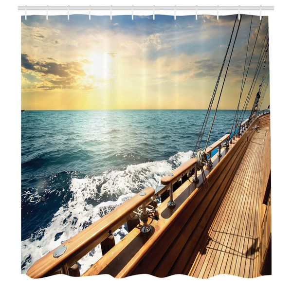Abakuhaus Tenda Da Doccia Nautica, Barca A Vela Sulle Onde Del Mediterraneo Al Tramonto, Cielo, Nuvole, Viaggi, Tessuto, Set Decorativo Per Bagno Con Ganci, 175X200 Cm, Crema E Blu-image