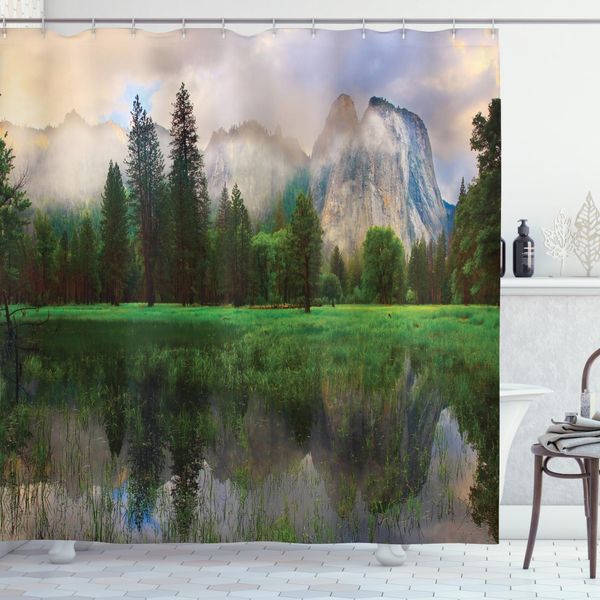 Abakuhaus Tenda Da Doccia Yosemite, Yosemite Cathedral Tree, Con Set Di 12 Anelli Impermeabile Elegante Moderna Colori Resistenti E Antimuffa, 175 X 220 Cm, Beige Verde-image