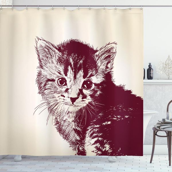 Abakuhaus Tenda Da Doccia Vintage, Grunge Retro Kitty Cat, Impermeabile, Inclusi 12 Anelli, Resistente A Batteri E Muffe, 175 X 200 Cm, Marrone Rossiccio Crema-image