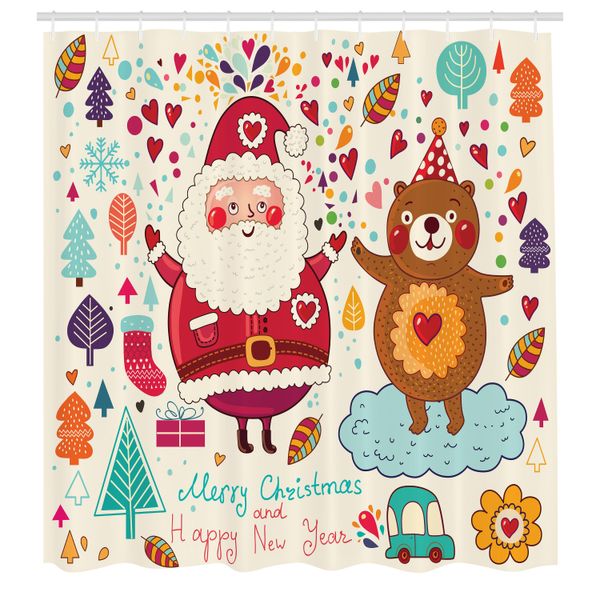 Abakuhaus Tenda Da Doccia Natalizia, Babbo Natale E Orsacchiotto Ornamenti Vintage Natalizi Festa Tema Asilo Nido, Set Decorativo Per Bagno In Tessuto Con Ganci, 175X200 Cm, Multicolore-image