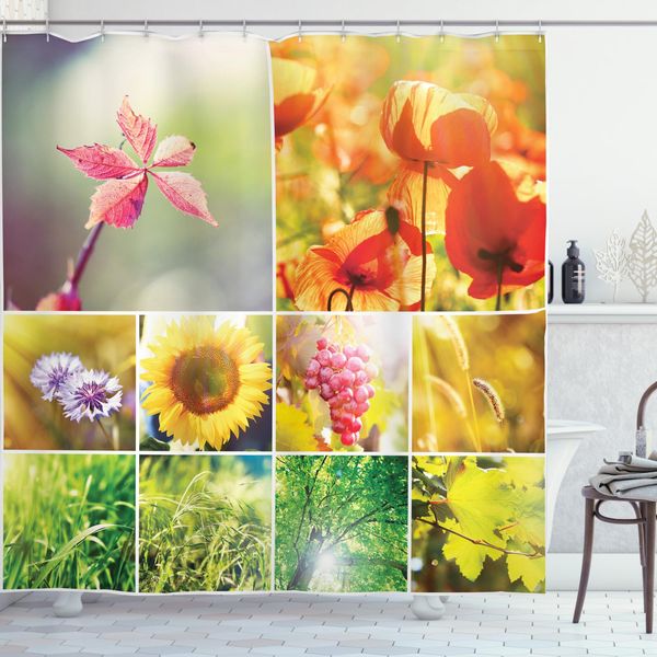 Abakuhaus Tenda Da Doccia Con Motivo Alberi, Collage Paesaggio Primaverile, Opaca, Incl. 12 Anelli, Resistente A Batteri E Muffe, 175 X 200 Cm, Multicolore-image