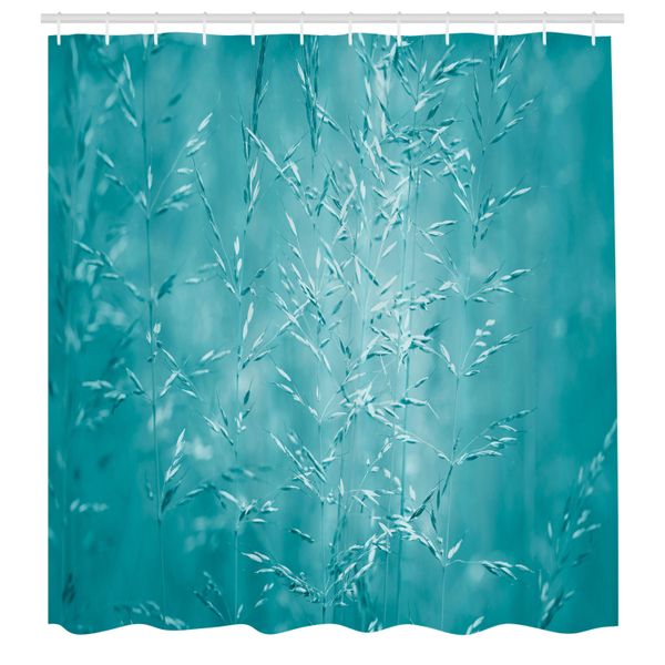 Abakuhaus Tenda Da Doccia Turchese, Sfocatura Prati Erba Erbacce Nella Stagione Rurale Rurale Illustrazione, Tessuto Set Decorativo Per Bagno Con Ganci, 175X220 Cm, Blu-image