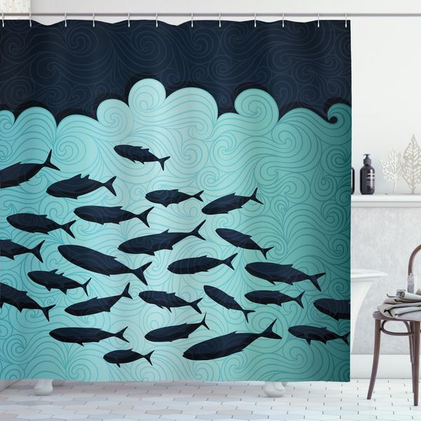 Abakuhaus Tenda Da Doccia Con Motivo Ittico, Tema Surreal Ocean Life, Opaca, Incl. 12 Anelli, Resistente A Batteri E Muffe, 175 X 240 Cm, Blu Turchese-image