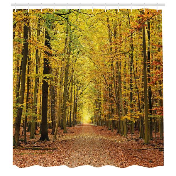 Abakuhaus Tenda Da Doccia Fallen, Motivo Bosco Autunnale Con Foglie Sfumate, Scena Romantica E Suggestiva, Tessuto Set Decorativo Per Bagno Con Ganci, 175X200 Cm, Giallo Marrone-image