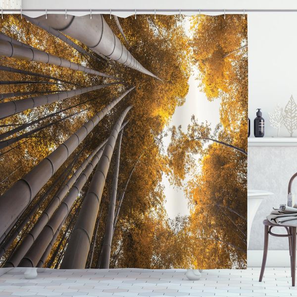 Abakuhaus Tenda Da Doccia Asiatica, Paesaggio Autunnale Con Bambù, Opaca, Incl. 12 Anelli, Resistente A Batteri E Muffe, 175 X 240 Cm, Giallo Marrone-image